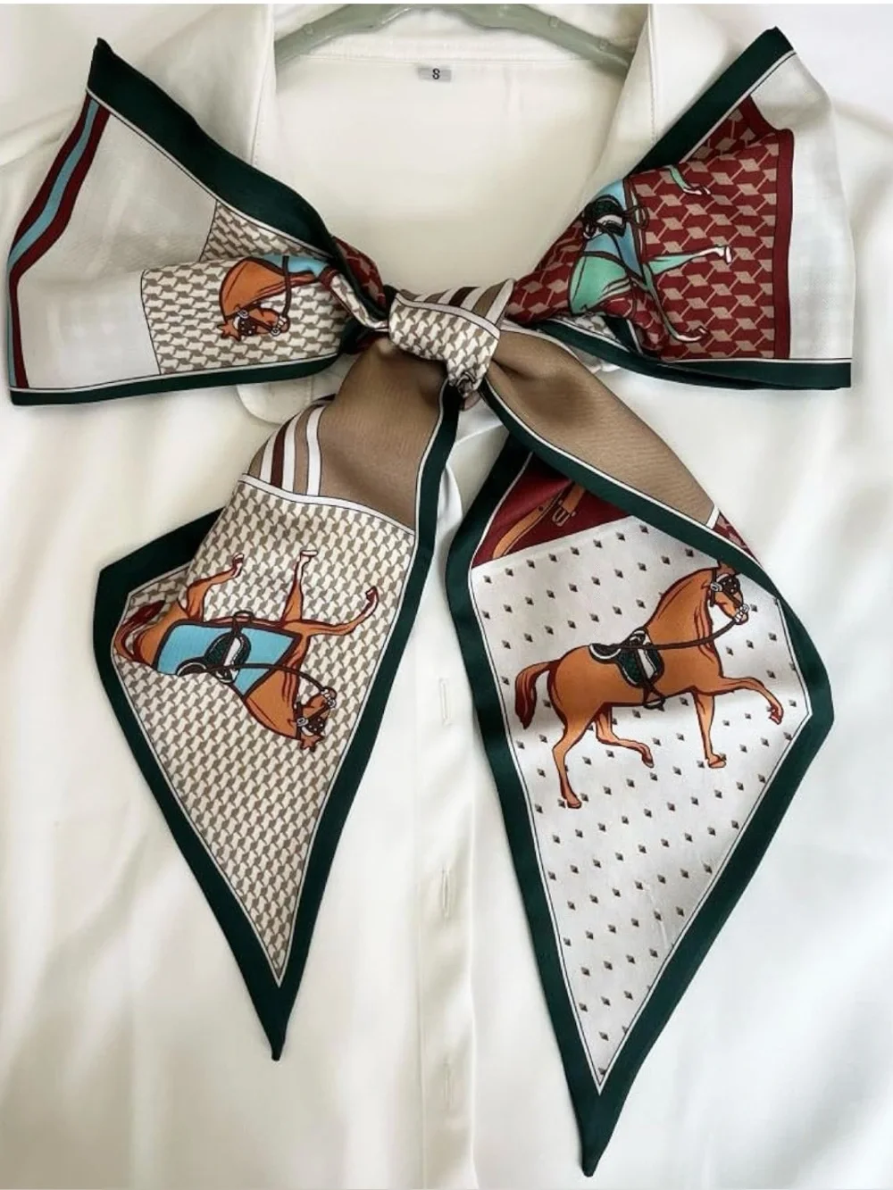 Silk Horse Print Long Scarf in Green and Cream